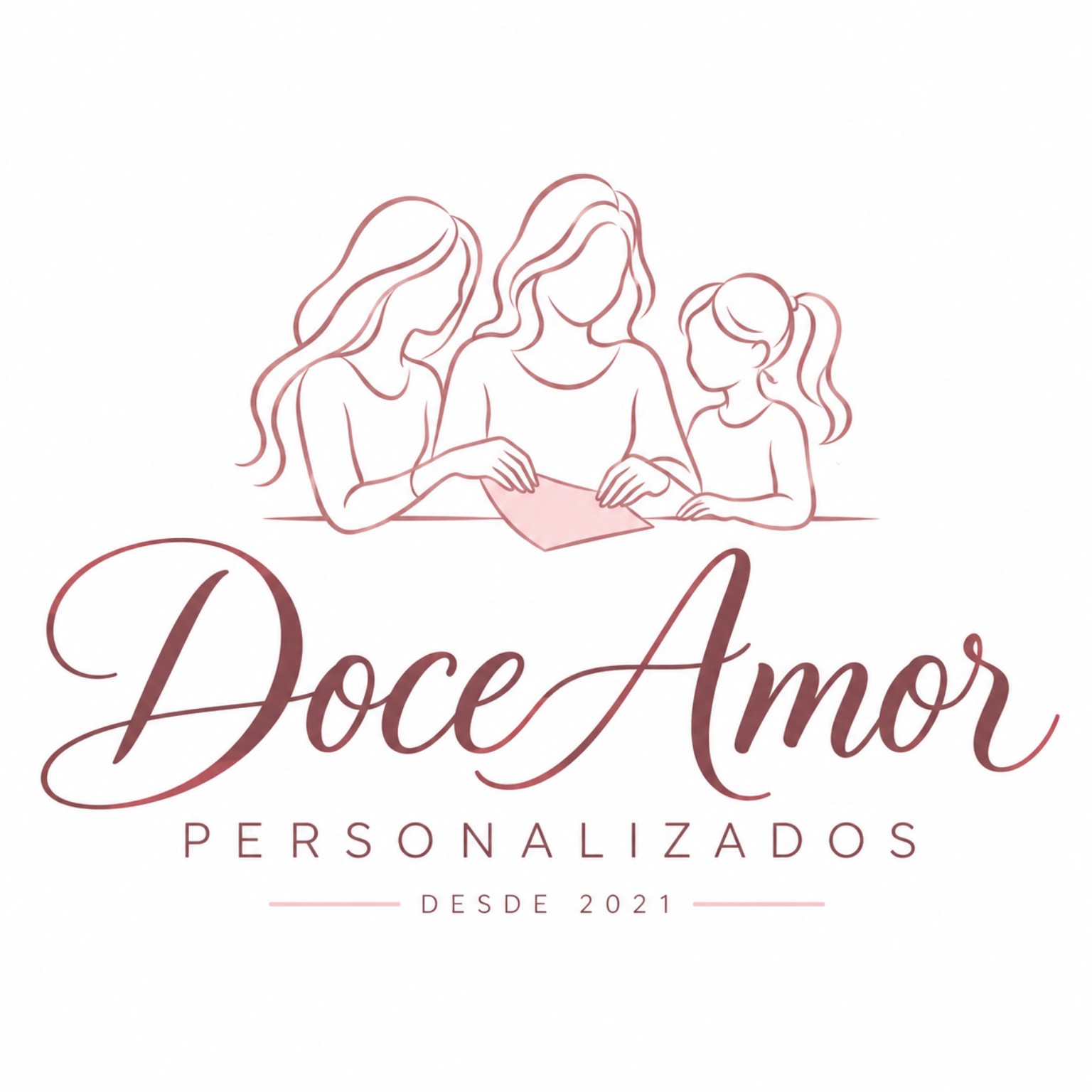 Doce Amor Personalizados — desde 2021; duas mulheres e uma menina trabalhando juntas com papel